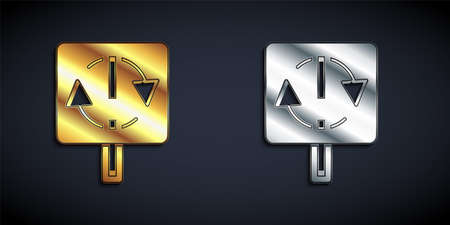 Gold and silver Recycle symbol icon isolated on black background. Circular arrow icon. Environment recyclable go green. Long shadow style. Vectorのイラスト素材