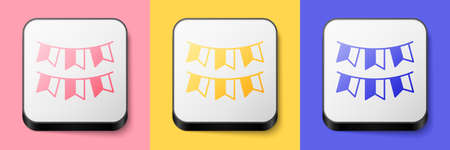 Isometric Carnival garland with flags icon isolated on pink, yellow and blue background. Party pennants for birthday celebration, festival decoration. Square button. Vectorのイラスト素材