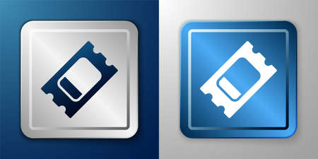 White Circus ticket icon isolated on blue and grey background. Amusement park. Silver and blue square button. Vectorのイラスト素材