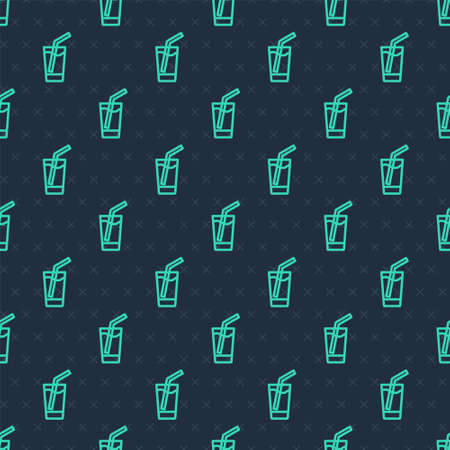 Green line Glass with water icon isolated seamless pattern on blue background. Soda glass. Vectorのイラスト素材