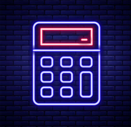 Glowing neon line Calculator icon isolated on brick wall background. Accounting symbol. Business calculations mathematics education and finance. Colorful outline concept. Vectorのイラスト素材