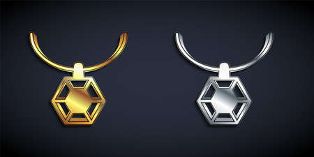 Gold and silver Pendant on necklace icon isolated on black background. Long shadow style. Vectorのイラスト素材