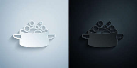 Paper cut Cooking pot icon isolated on grey and black background. Boil or stew food symbol. Paper...