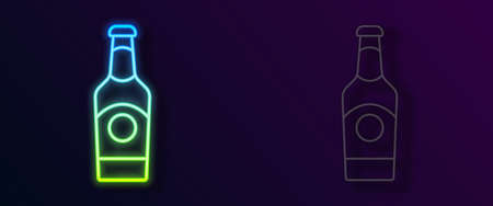 Glowing neon line Beer bottle icon isolated on black background. Vectorのイラスト素材