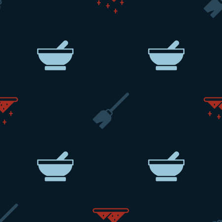 Set Magic powder, Witches broom and cauldron on seamless pattern. Vectorのイラスト素材