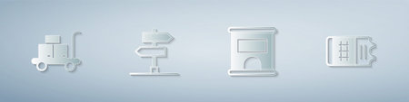 Set Trolley suitcase, Road traffic sign, Ticket office to buy tickets and Train. Paper art style. Vectorのイラスト素材