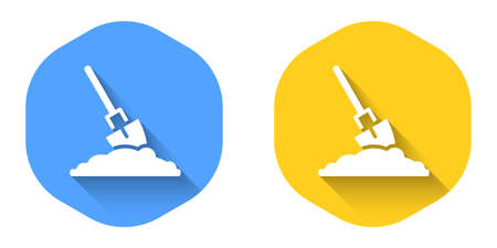 White Shovel in the ground icon isolated with long shadow background. Gardening tool. Tool for horticulture, agriculture, farming. Circle button. Vectorのイラスト素材