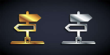 Gold and silver Road traffic sign. Signpost icon isolated on black background. Pointer symbol. Isolated street information sign. Direction sign. Long shadow style. Vectorのイラスト素材