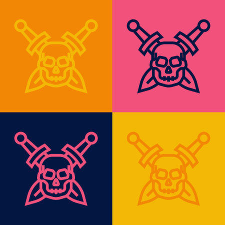 Pop art line Crossed medieval sword with skull icon isolated on color background. Medieval weapon. Vectorのイラスト素材