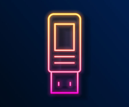 Glowing neon line USB flash drive icon isolated on black background. Vectorのイラスト素材