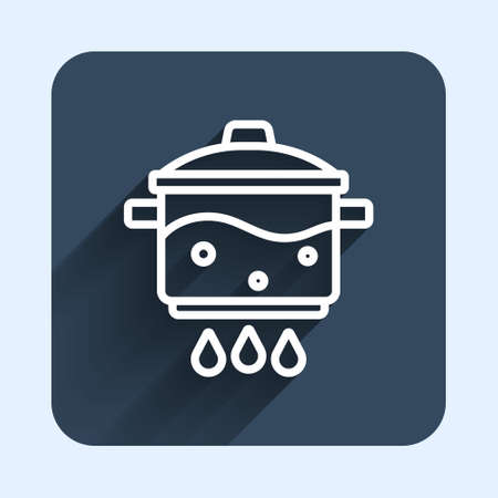White line Cooking pot on fire icon isolated with long shadow background. Boil or stew food symbol. Blue square button. Vectorのイラスト素材