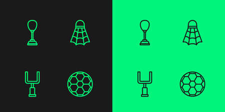 Set line Soccer football ball, American goal post, Punching bag and Badminton shuttlecock icon. Vectorのイラスト素材