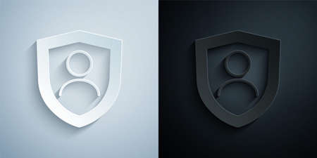 Paper cut Life insurance with shield icon isolated on grey and black background. Security, safety, protection, protect concept. Paper art style. Vectorのイラスト素材