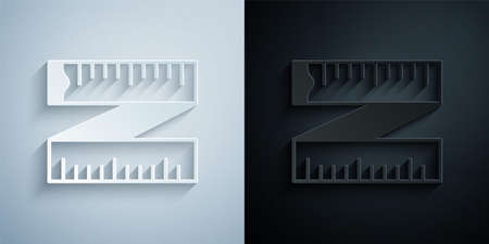 Paper cut Tape measure icon isolated on grey and black background. Measuring tape. Paper art style. Vectorのイラスト素材