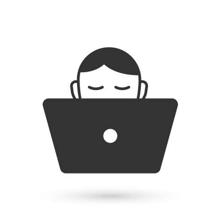 Grey Freelancer icon isolated on white background. Freelancer man working on laptop at his house. Online working, distant job concept. Vectorのイラスト素材