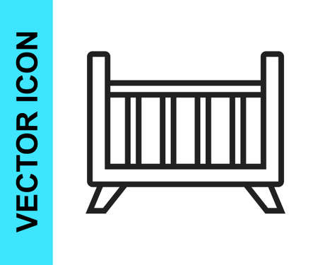 Black line Baby crib cradle bed icon isolated on white background. Vectorのイラスト素材