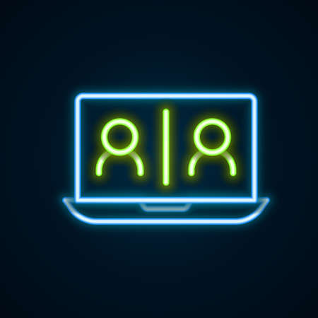 Glowing neon line Video chat conference icon isolated on black background. Online meeting work form home. Remote project management. Colorful outline concept. Vectorのイラスト素材
