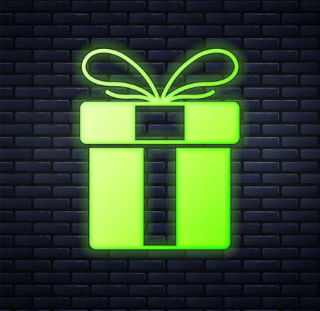 Glowing neon Gift box icon isolated on brick wall background. Merry Christmas and Happy New Year. Vectorのイラスト素材
