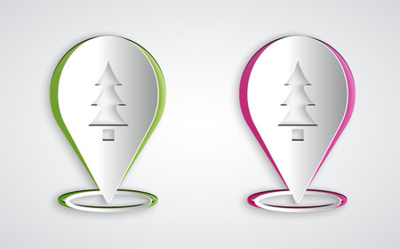 Paper cut Location of the forest on a map icon isolated on grey background. Paper art style. Vectorのイラスト素材