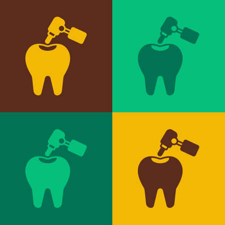 Pop art Tooth with caries and tooth drill icon isolated on color background. Tooth decay. Vectorのイラスト素材