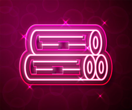 Glowing neon line Wooden log icon isolated on red background. Stack of firewood. Vectorのイラスト素材
