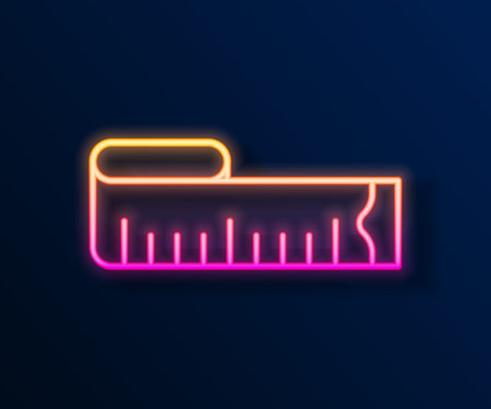 Glowing neon line Tape measure icon isolated on black background. Measuring tape. Vectorのイラスト素材
