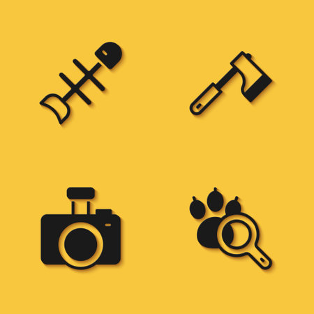 Set Dead fish, Paw search, Photo camera and Wooden axe icon with long shadow. Vectorのイラスト素材