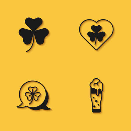 Set Clover trefoil leaf, Glass of beer, and Heart with clover icon with long shadow. Vectorのイラスト素材