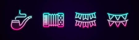 Set line Smoking pipe, Accordion, Carnival garland with flags and . Glowing neon icon. Vectorのイラスト素材