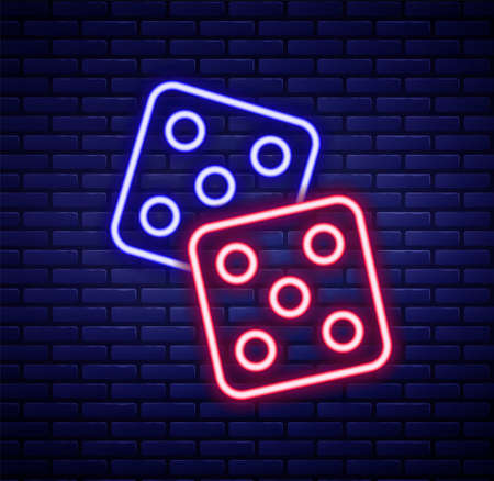 Glowing neon line Game dice icon isolated on brick wall background. Casino gambling. Colorful outline concept. Vectorのイラスト素材