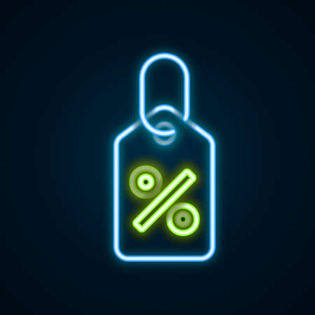 Glowing neon line Discount percent tag icon isolated on black background. Shopping tag sign. Special offer sign. Discount coupons symbol. Colorful outline concept. Vectorのイラスト素材