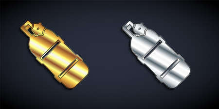 Gold and silver Aqualung icon isolated on black background. Oxygen tank for diver. Diving equipment. Extreme sport. Diving underwater equipment. Long shadow style. Vectorのイラスト素材