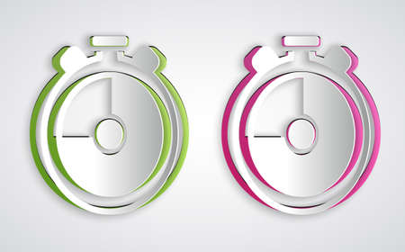 Paper cut Stopwatch icon isolated on grey background. Time timer sign. Chronometer sign. Paper art...