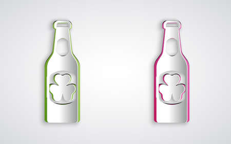 Paper cut Beer bottle with clover trefoil leaf icon isolated on grey background. Happy Saint Patricks day. National Irish holiday. Paper art style. Vectorのイラスト素材