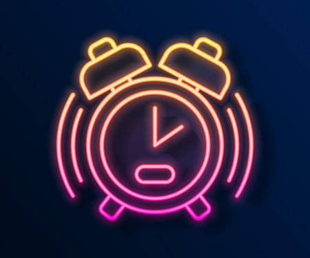 Glowing neon line Alarm clock icon isolated on black background. Wake up, get up concept. Time sign. Vectorのイラスト素材