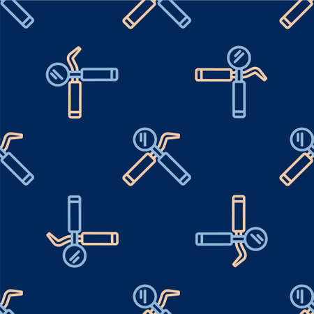Line Dental inspection mirror and probe icon isolated seamless pattern on blue background. Explorer scaler. Tool dental checkup. Vectorのイラスト素材