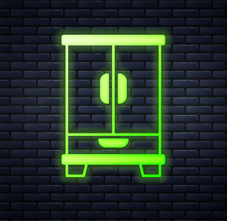 Glowing neon Wardrobe icon isolated on brick wall background. Cupboard sign. Vectorのイラスト素材
