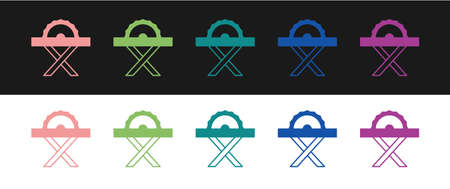 Set Electric circular saw with steel toothed disc icon isolated on black and white background. Electric hand tool for cutting wood or metal. Vectorのイラスト素材