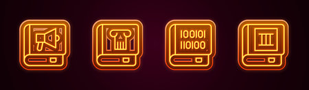 Set line Book, History book, Books about programming and . Glowing neon icon. Vectorのイラスト素材
