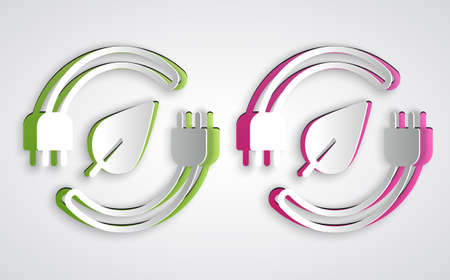 Paper cut Electric saving plug in leaf icon isolated on grey background. Save energy electricity....