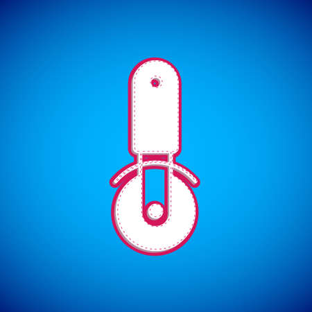 White Pizza knife icon isolated on blue background. Pizza cutter sign. Steel kitchenware equipment. Vectorのイラスト素材
