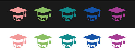 Set Graduation cap on globe icon isolated on black and white background. World education symbol. Online learning or e-learning concept. Vectorのイラスト素材