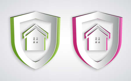 Paper cut House with shield icon isolated on grey background. Insurance concept. Security, safety, protection, protect concept. Paper art style. Vectorのイラスト素材