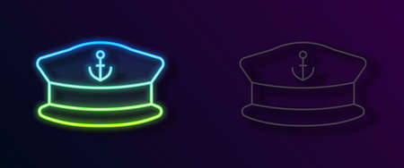Glowing neon line Captain hat icon isolated on black background. Vectorのイラスト素材
