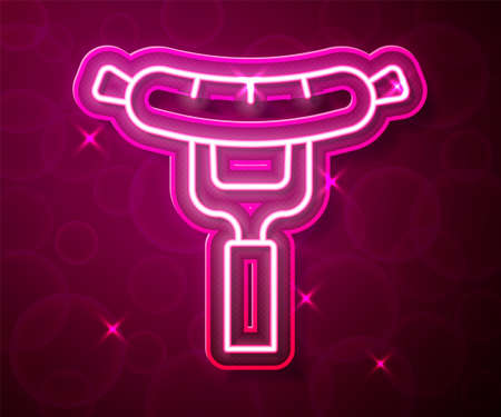 Glowing neon line Sausage on the fork icon isolated on red background. Grilled sausage and aroma sign. Vectorのイラスト素材