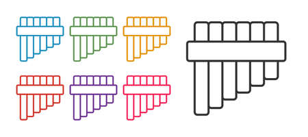 Set line Pan flute icon isolated on white background. Traditional peruvian musical instrument. Folk instrument from Peru, Bolivia and Mexico. Set icons colorful. Vectorのイラスト素材