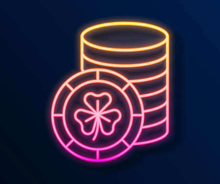 Glowing neon line Golden leprechaun coin with clover trefoil leaf icon isolated on black background. Happy Saint Patricks day. National Irish holiday. Vectorのイラスト素材