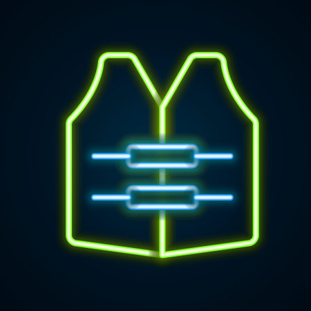 Glowing neon line Life jacket icon isolated on black background. Life vest icon. Extreme sport. Sport equipment. Colorful outline concept. Vectorのイラスト素材