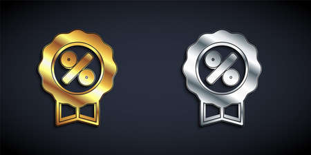 Gold and silver Discount percent tag icon isolated on black background. Shopping tag sign. Special offer sign. Discount coupons symbol. Long shadow style. Vectorのイラスト素材