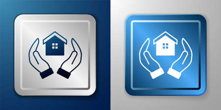 White House in hand icon isolated on blue and grey background. Insurance concept. Security, safety, protection, protect concept. Silver and blue square button. Vectorのイラスト素材